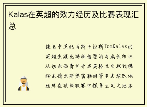 Kalas在英超的效力经历及比赛表现汇总